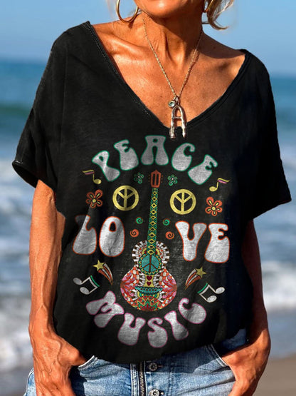 Women's Floral Guitar Peace Love Music Print V Neck T-Shirt