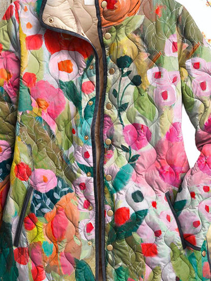 Women's Vintage Lovely Floral Art Print Casual Quilted Cardigan