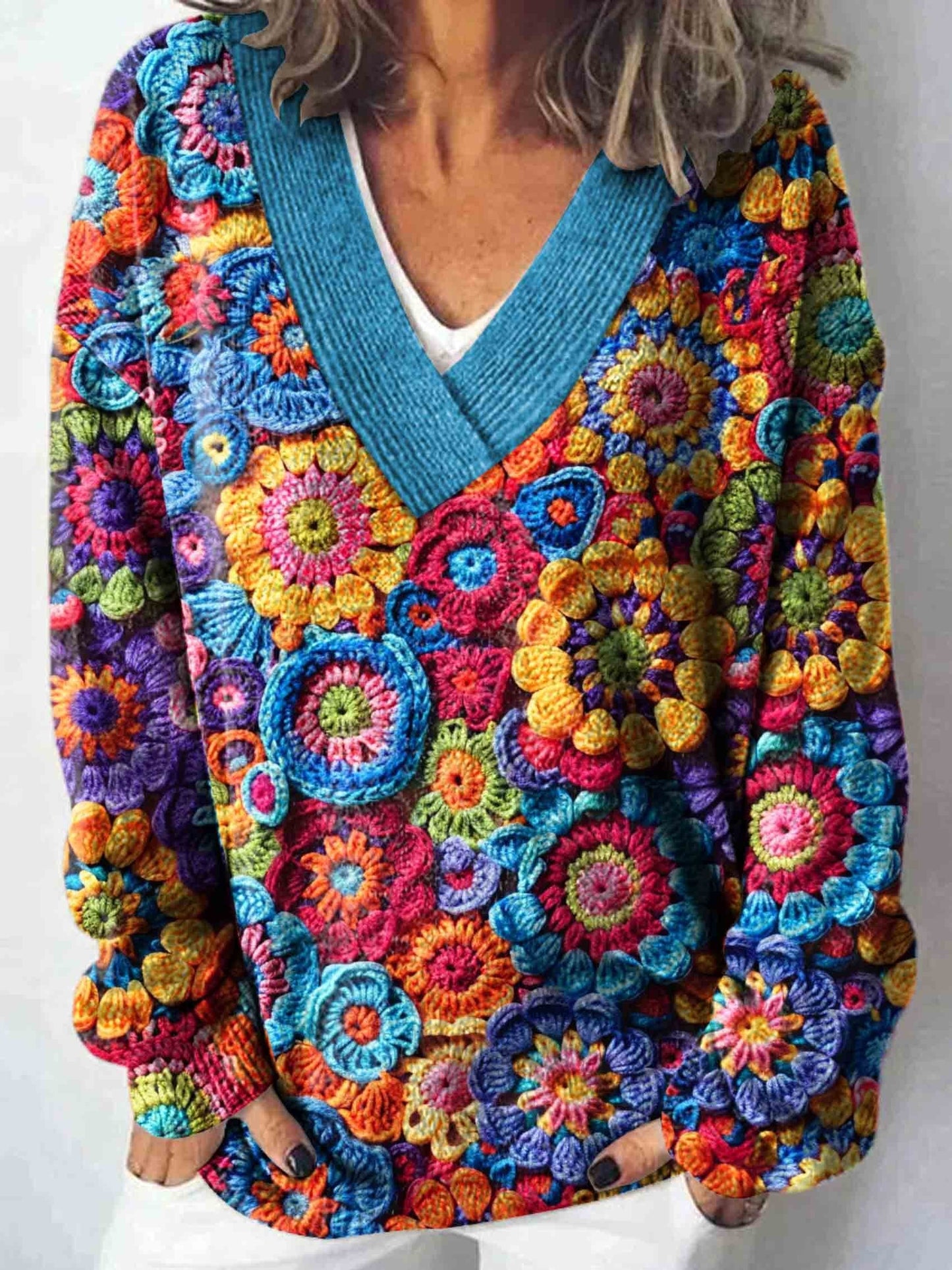 Colorful Funny Print Knit V-neck Pullover Sweater