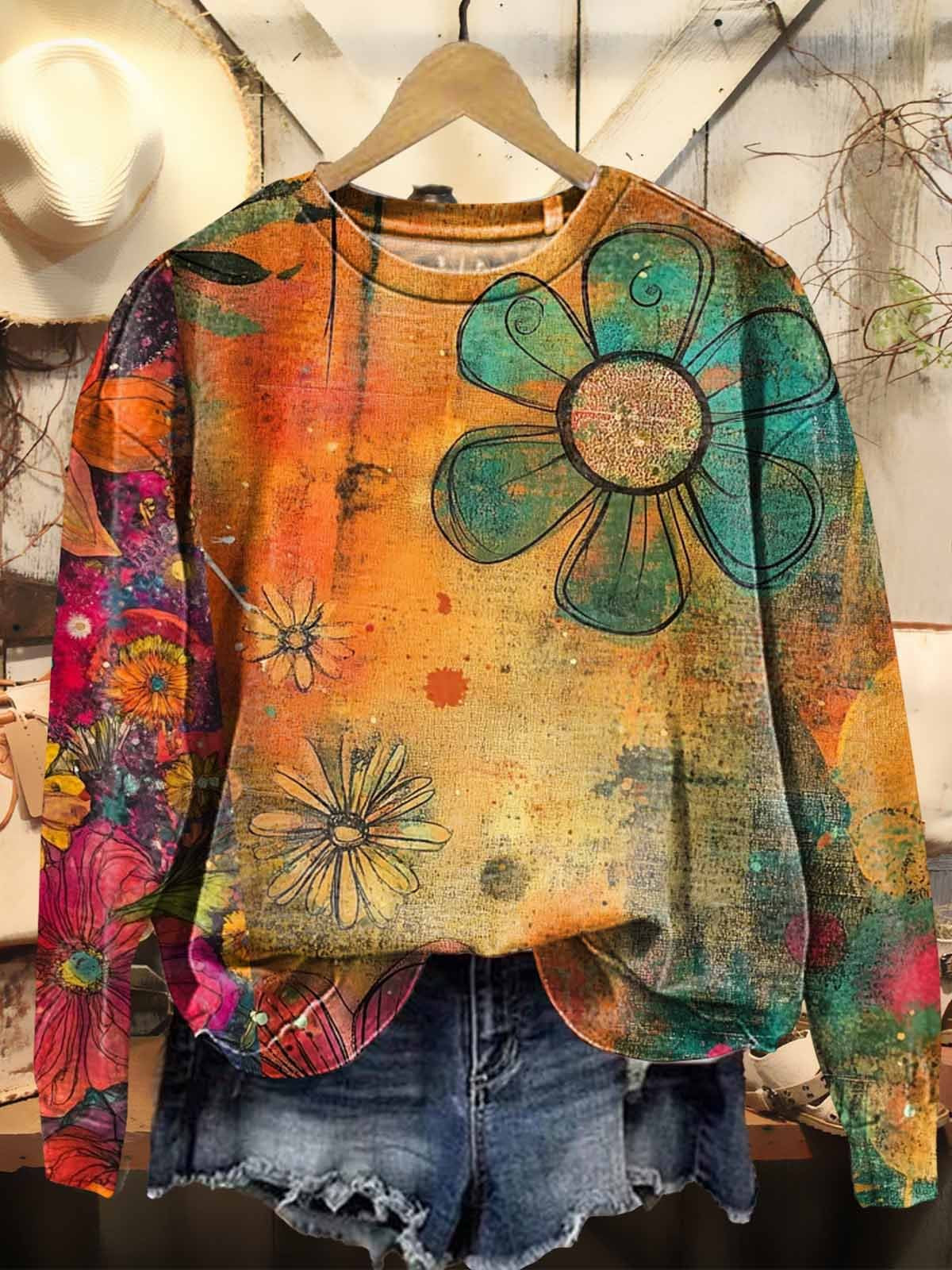 Women's Boho Hippie Colorful Pattern Print Casual Sweatshirt