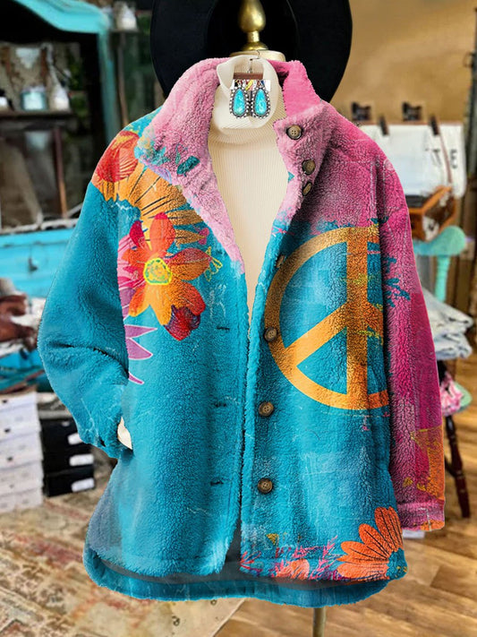 Women's Vintage Love And Peace Flower Art Print Casual Sherpa Coat Cardigan