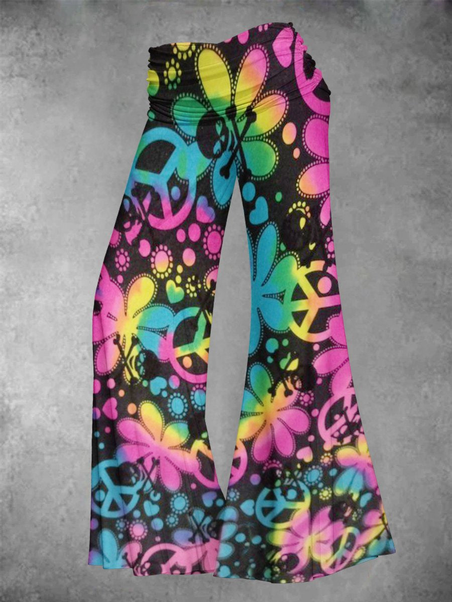 Women's Tie Dye Floral Art Print Wide Leg Pants