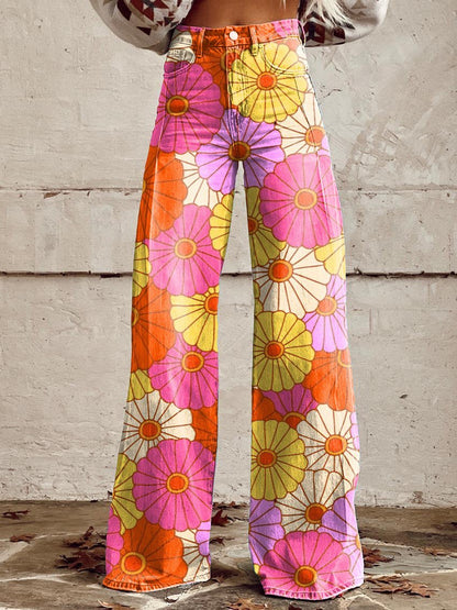 Women's Vintage Colorful Hippie Floral Print Casual Wide Leg Pants