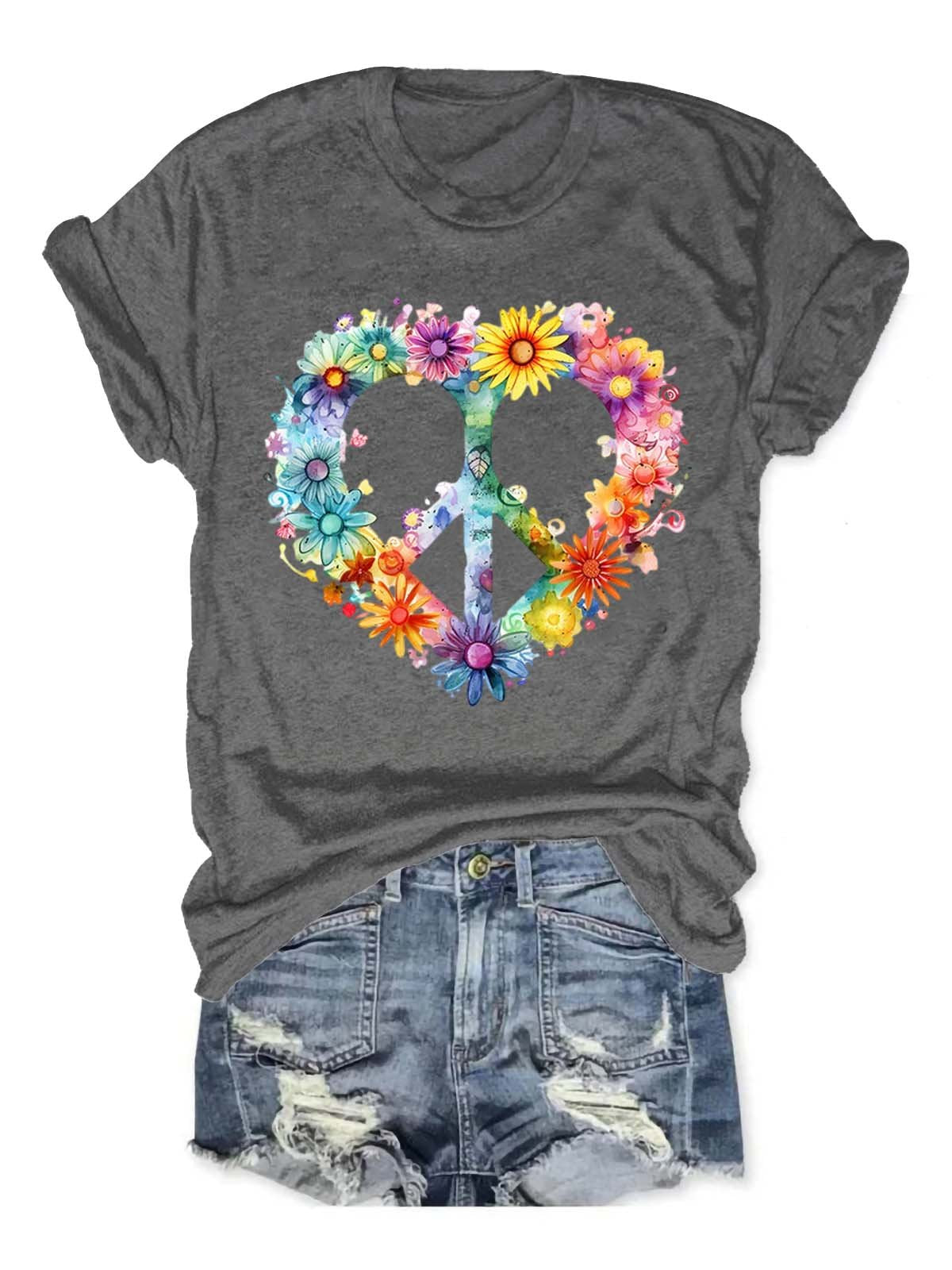 Floral Peace And Love Art Print Casual T-shirt