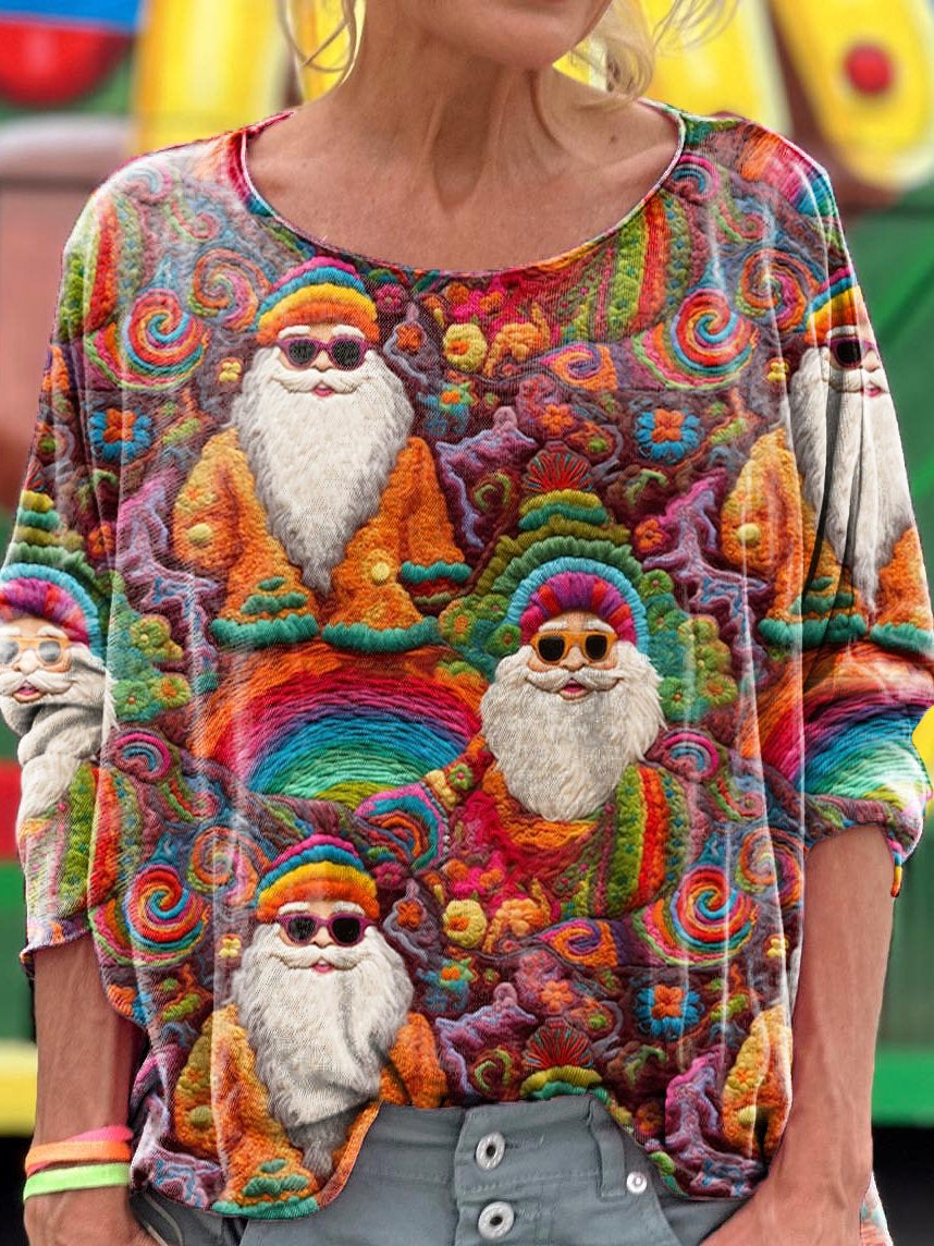 Women's Rainbow Hippie Santa Print Crew Neck Casual Top