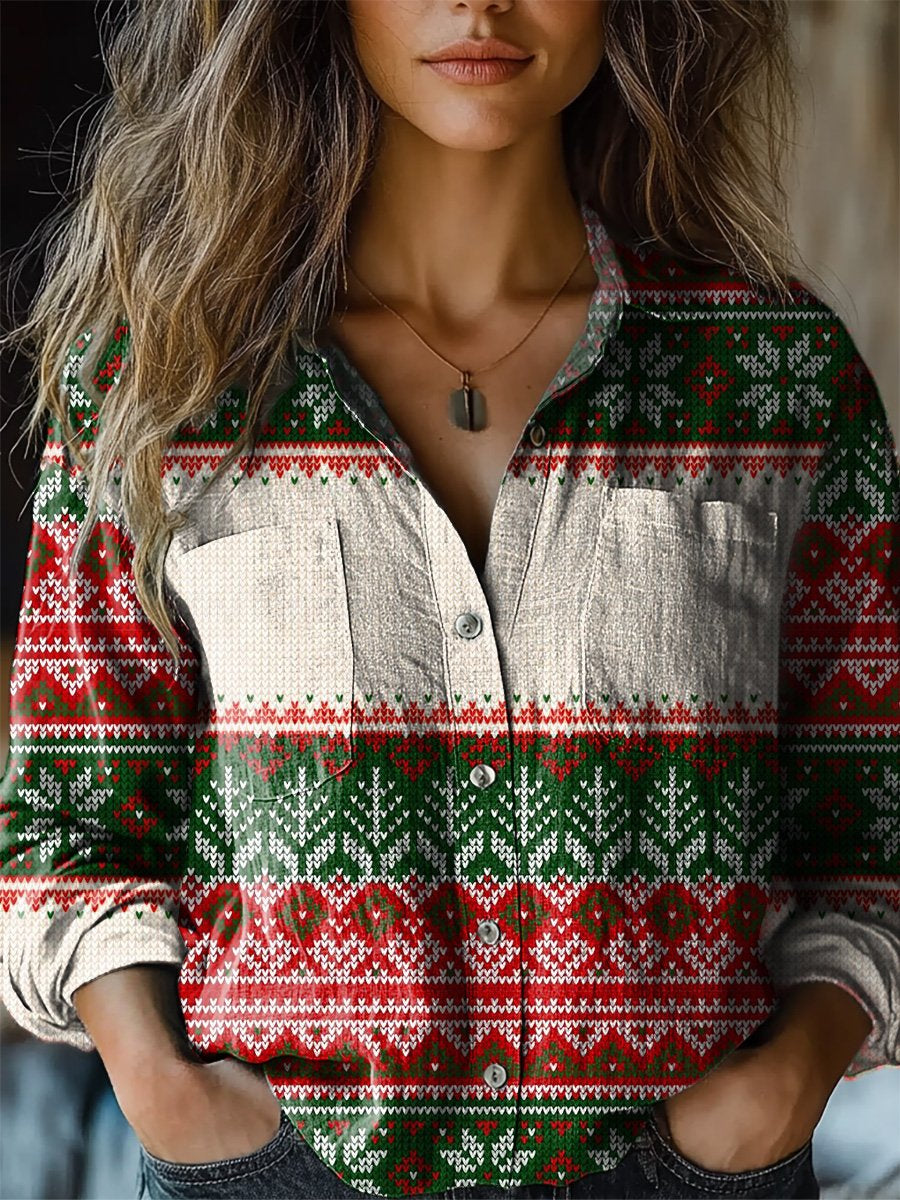 Christmas Knit Stitch Pattern Printed Women's Casual Long Sleeve Comfortable Cotton Shirt