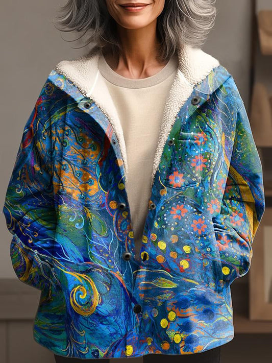 Women's Vintage Boho Folk Floral Art Waffle Plush Thick Long-Sleeved Hooded Coat