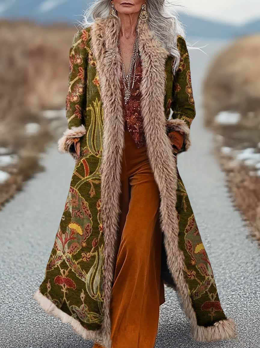 Women's Folk Art Floral Print Fur Patchwork Suede Long Afghan Coat