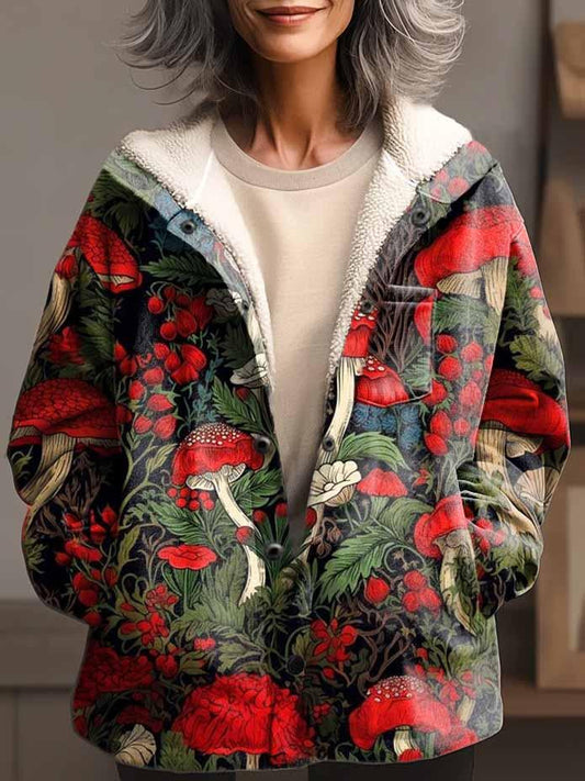 Women's Mushroom Art Pattern Print Waffle Plush Thick Long-Sleeved Hooded Coat