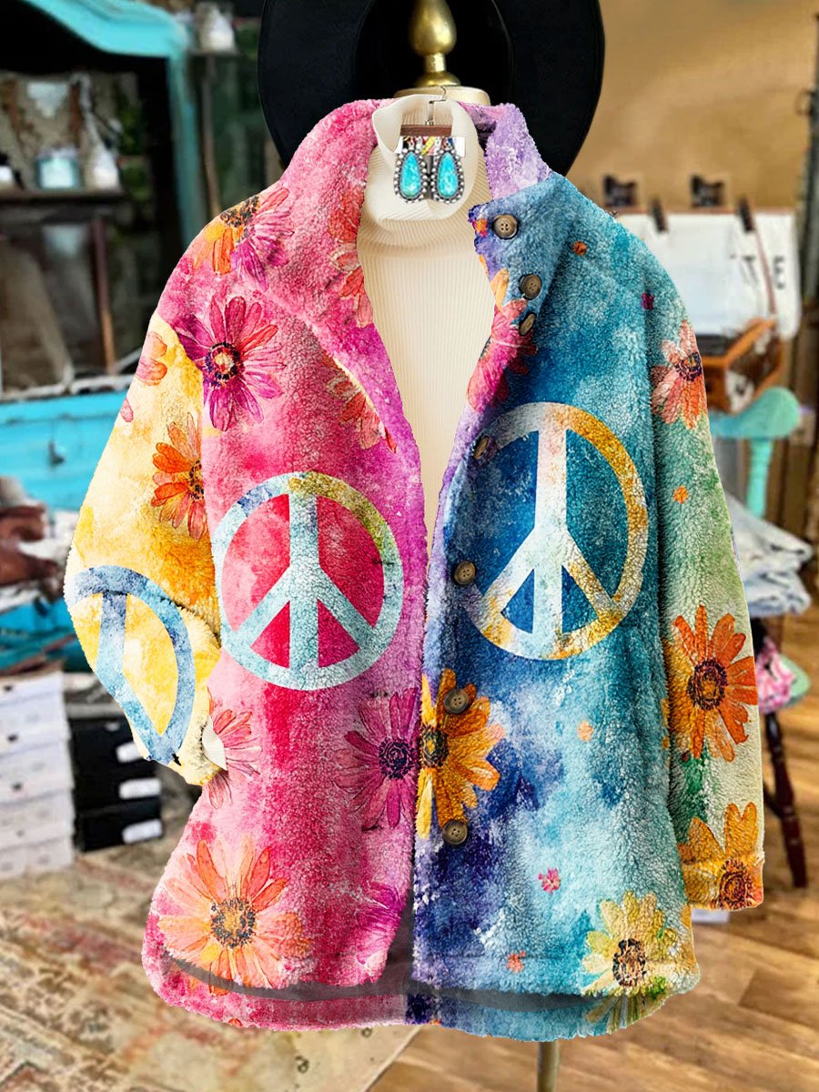 Women's Vintage Hippie Peace Flower Art Print Casual Sherpa Coat Cardigan