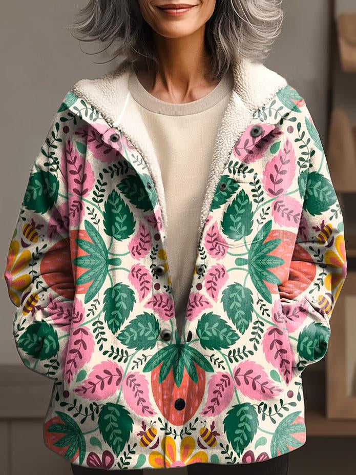 Retro Floral Print Waffle Plush Thick Long-Sleeved Hooded Coat