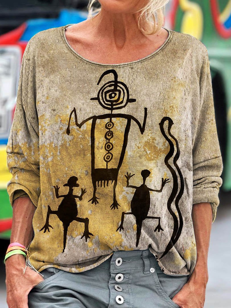 Women's Vintage Petroglyphs Pattern Art Print T-shirt