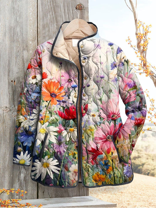 Women's Vintage Lovely Floral Art Print Casual Quilted Cardigan