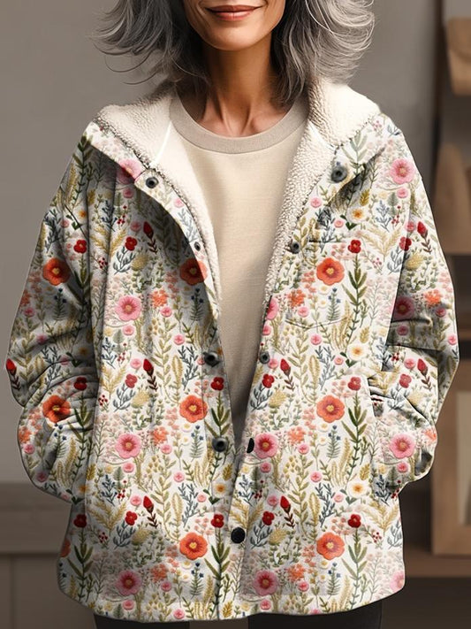 Women's Vintage Floral Print Waffle Plush Thick Long-Sleeved Hooded Coat