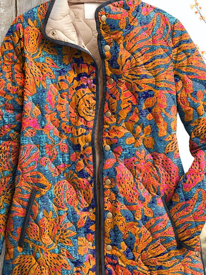 Women's Vintage Floral Art Print Casual Quilted Cardigan