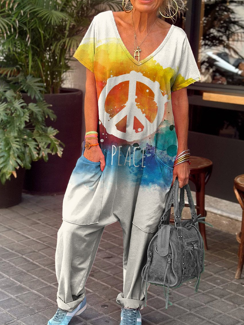 Women's Vintage Hippie Peace And Love Tie Dye Art Print Casual 100% Cotton Wide Leg Jumpsuit