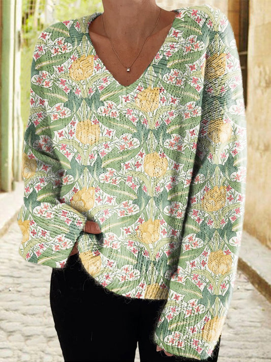 Women's Floral Casual V Neck Pullover Sweater