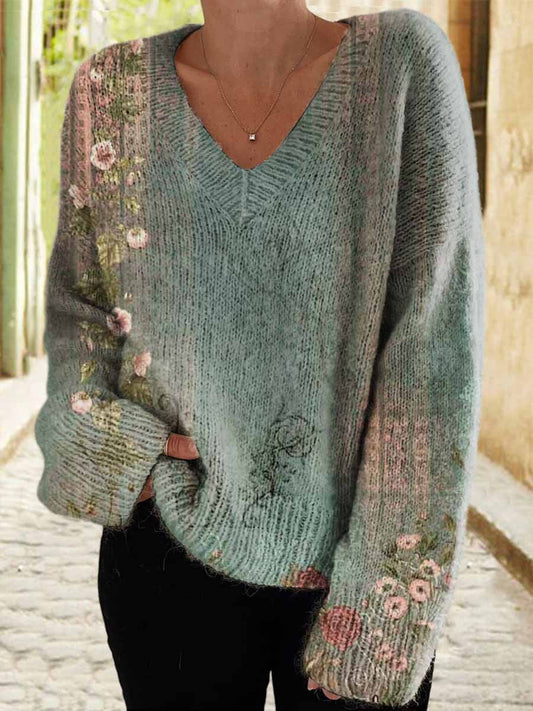 Women's Retro Folk Flower Art Pattern Casual V-Neck Knit Sweater