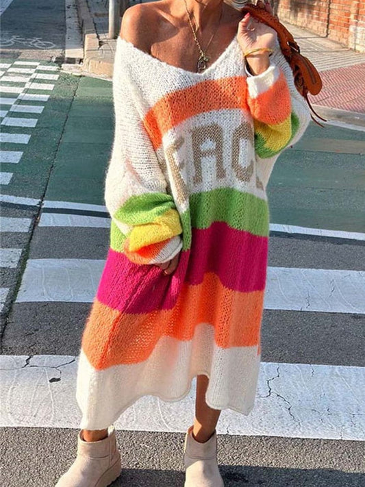 Color Block V-Neck Long Sleeve Sweater Dress