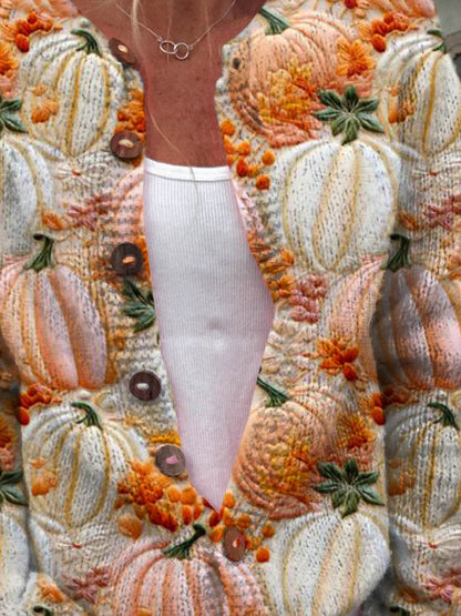 Women's Lovely Thanksgiving Pumpkin Art Print Buttoned Cardigan Sweater