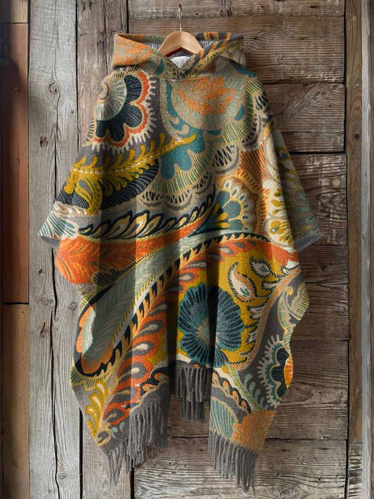 Women's Boho Ethnic Pattern Casual Knitted Blanket Poncho Hood Cape