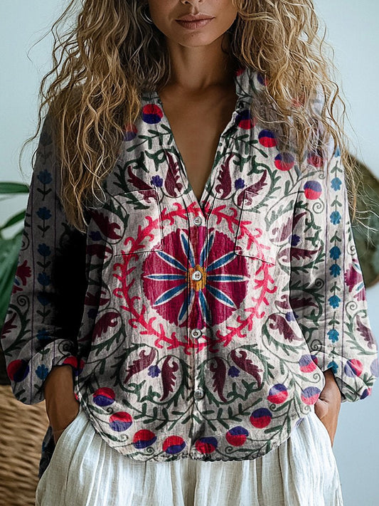 Women's Retro Tribal Style Flowers Print Casual Long Sleeve Comfortable Cotton Shirt