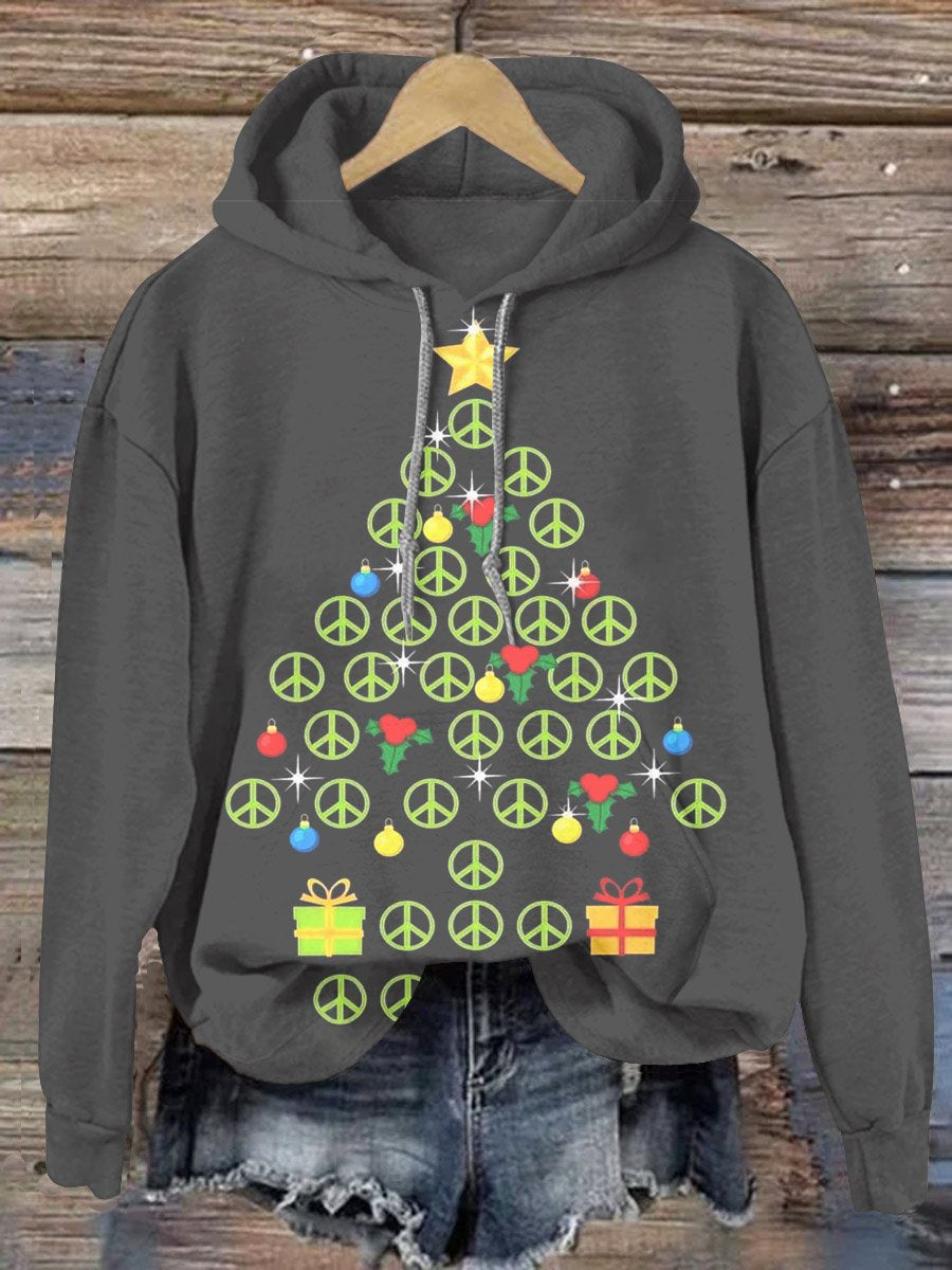 Hippie Christmas Tree Print Casual Hoodie Sweatshirt