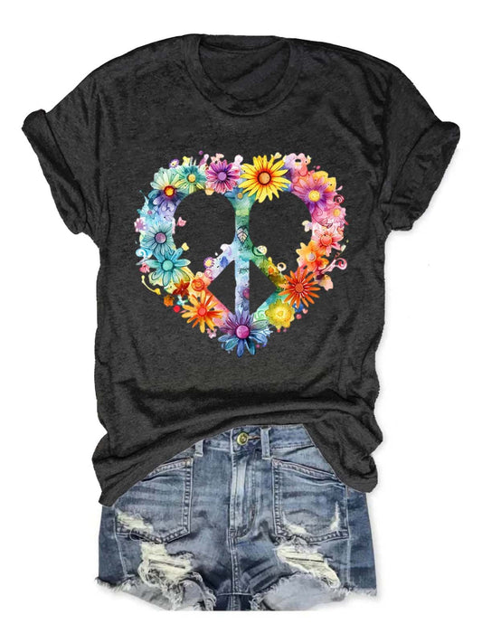 Floral Peace And Love Art Print Casual T-shirt