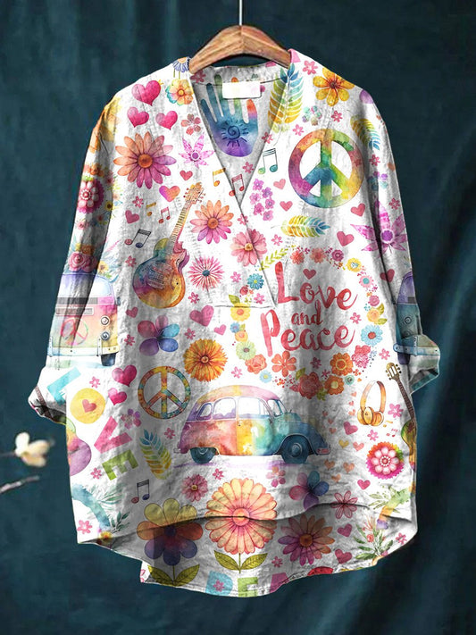 Women's Love and Peace Hippie Print Casual Cotton And Linen V-neck Shirt