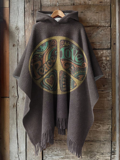 Women's Hippie Art Print Casual Knit Blanket Cape Hooded Poncho