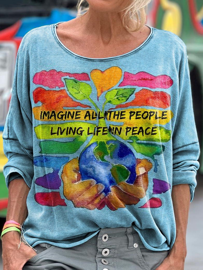 Women's Imagine All The People Living Life In Peace Pattern Long Sleeve T-shirt