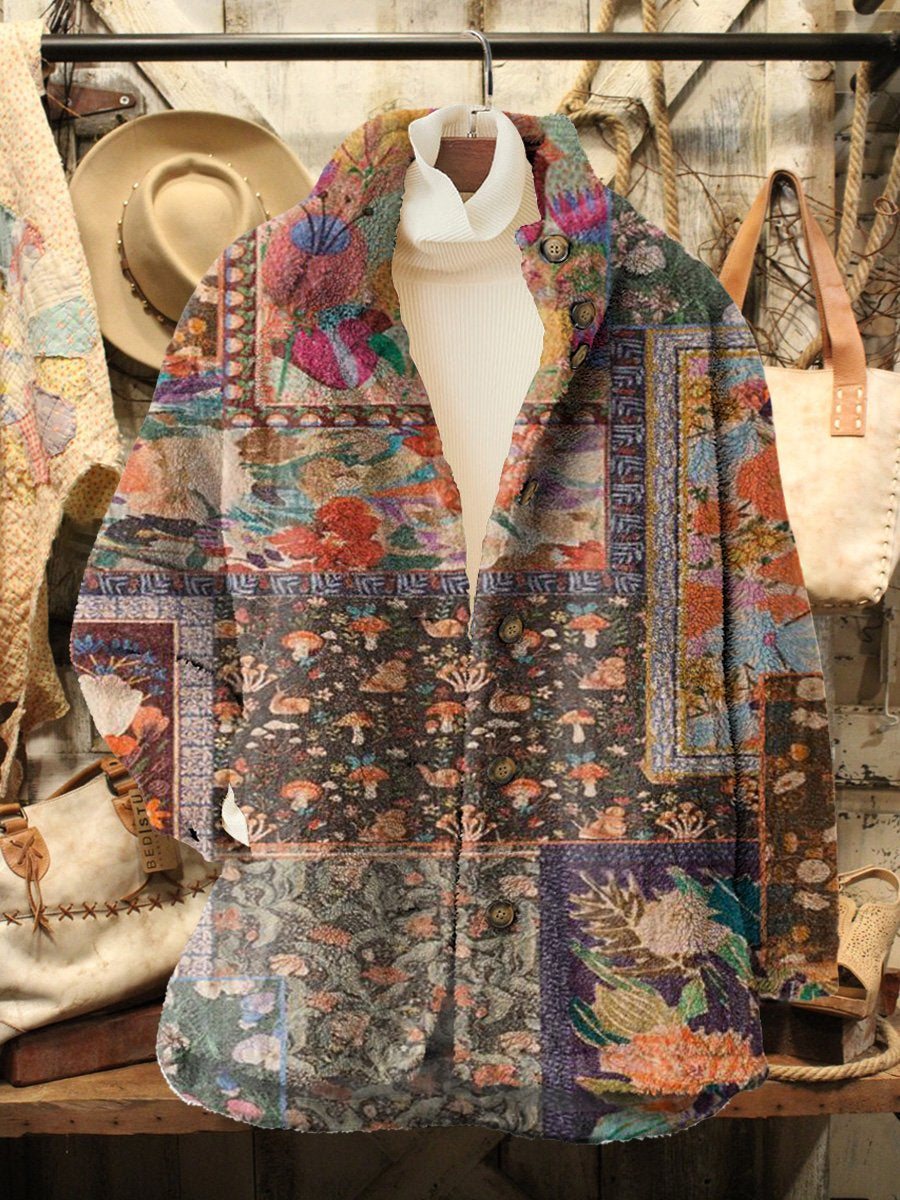 Women's Vintage Patchwork Print Casual Sherpa Coat Cardigan