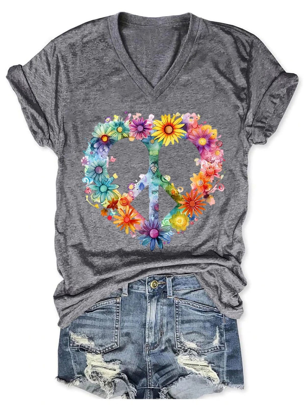 Women's Floral Peace And Love Art Print V-neck Casual T-Shirt