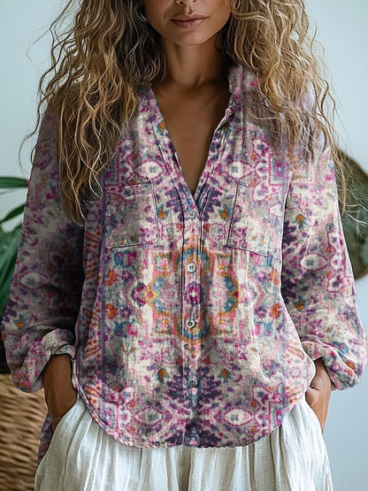 Women's Vintage Ethnic Pattern Art Print Casual Long Sleeve Comfortable Cotton Shirt