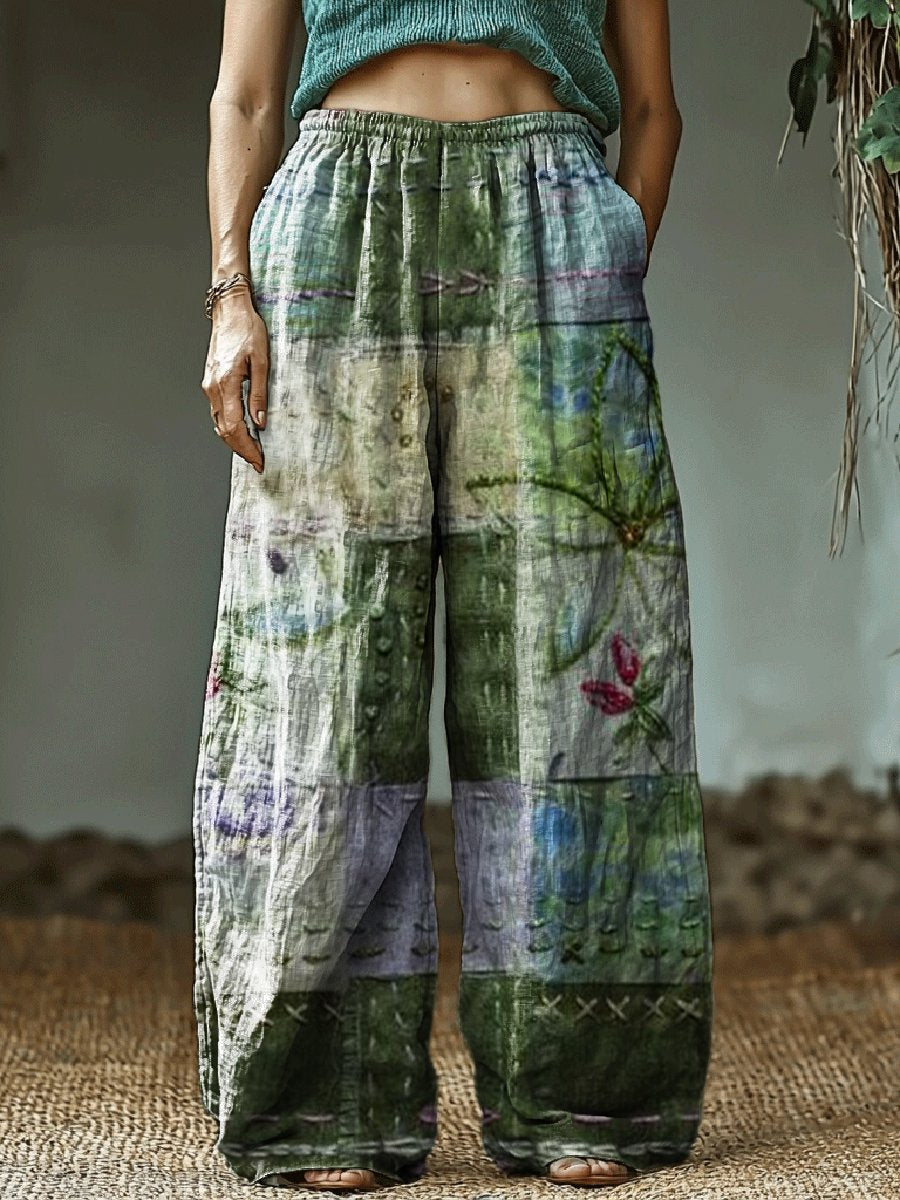 Women's Retro Art Print Cotton and Linen Casual Pants