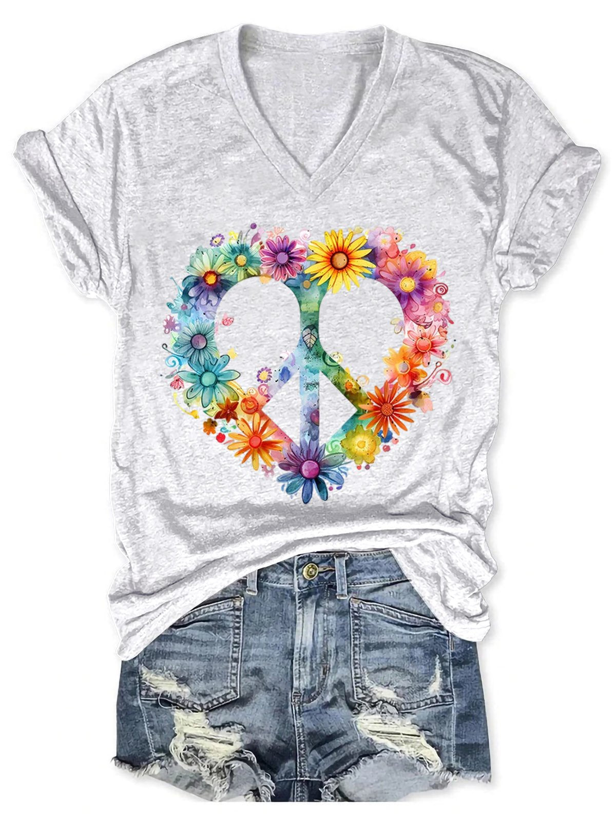 Women's Floral Peace And Love Art Print V-neck Casual T-Shirt