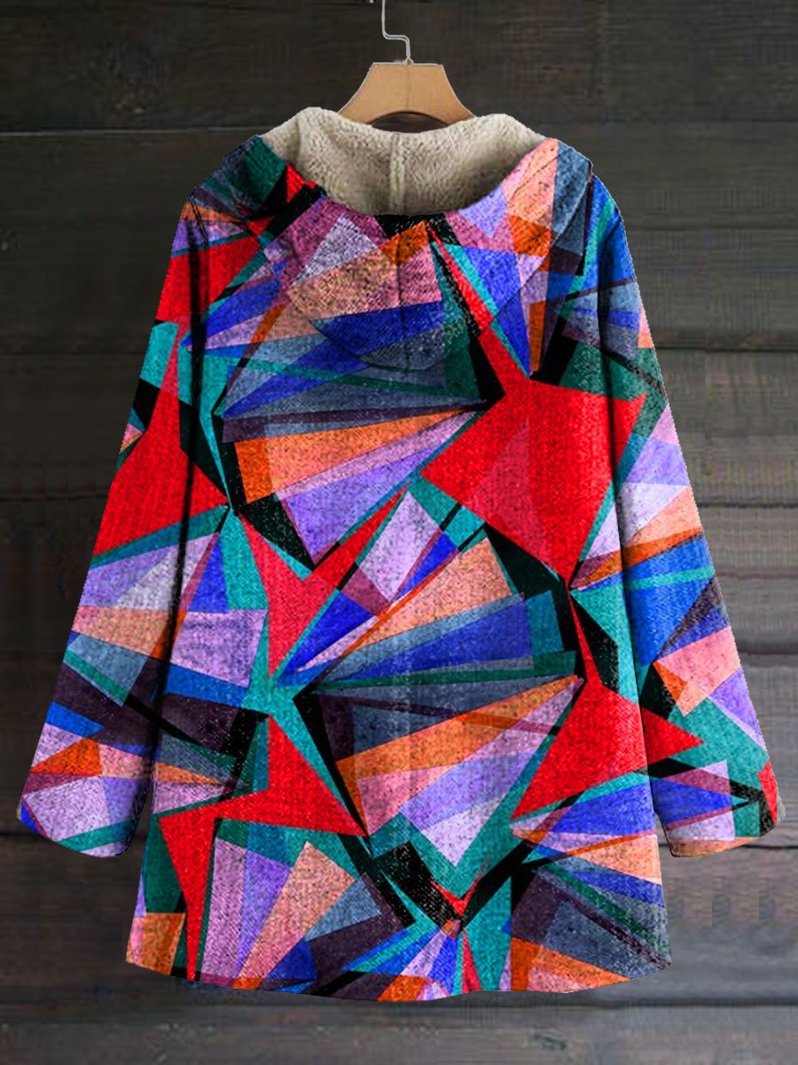 Women's Colour Blocking  Art Print Casual Winter Warm Cosy Long Sleeve Fleece Coat