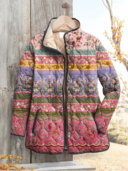 Women's Vintage Lovely Floral Art Print Casual Quilted Cardigan