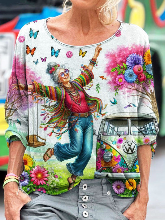 Hippie Energetic Old Lady Print Long Sleeve