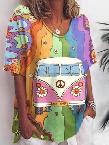 Women's Colorful Hippie Van Print Casual Cotton And Linen 3/4 Sleeve Shirt