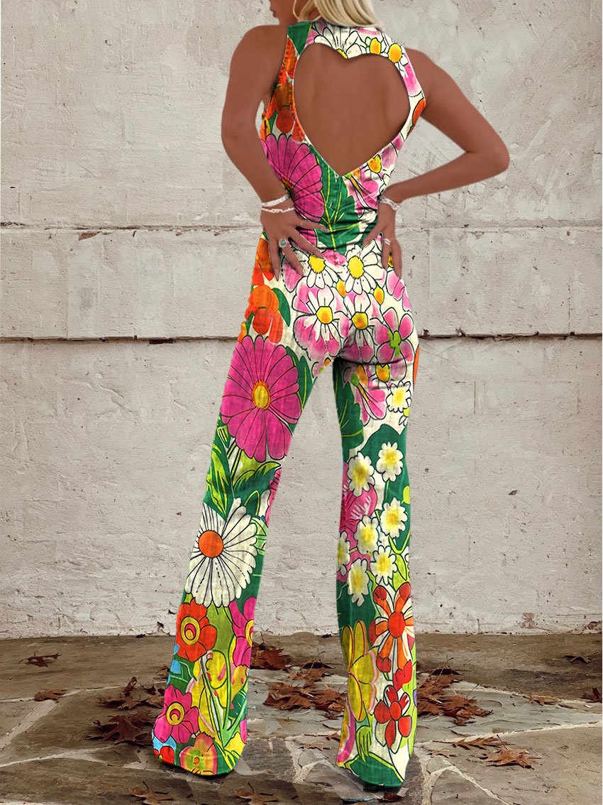 Women's Vintage Flower Art Print Casual Denim Jumpsuit