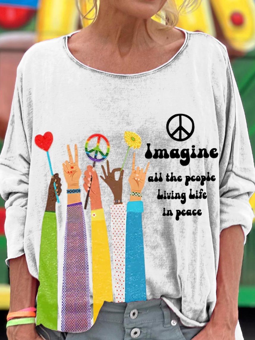 Women's Imagine All The People Living Life In Peace Art Pattern Print T-shirt