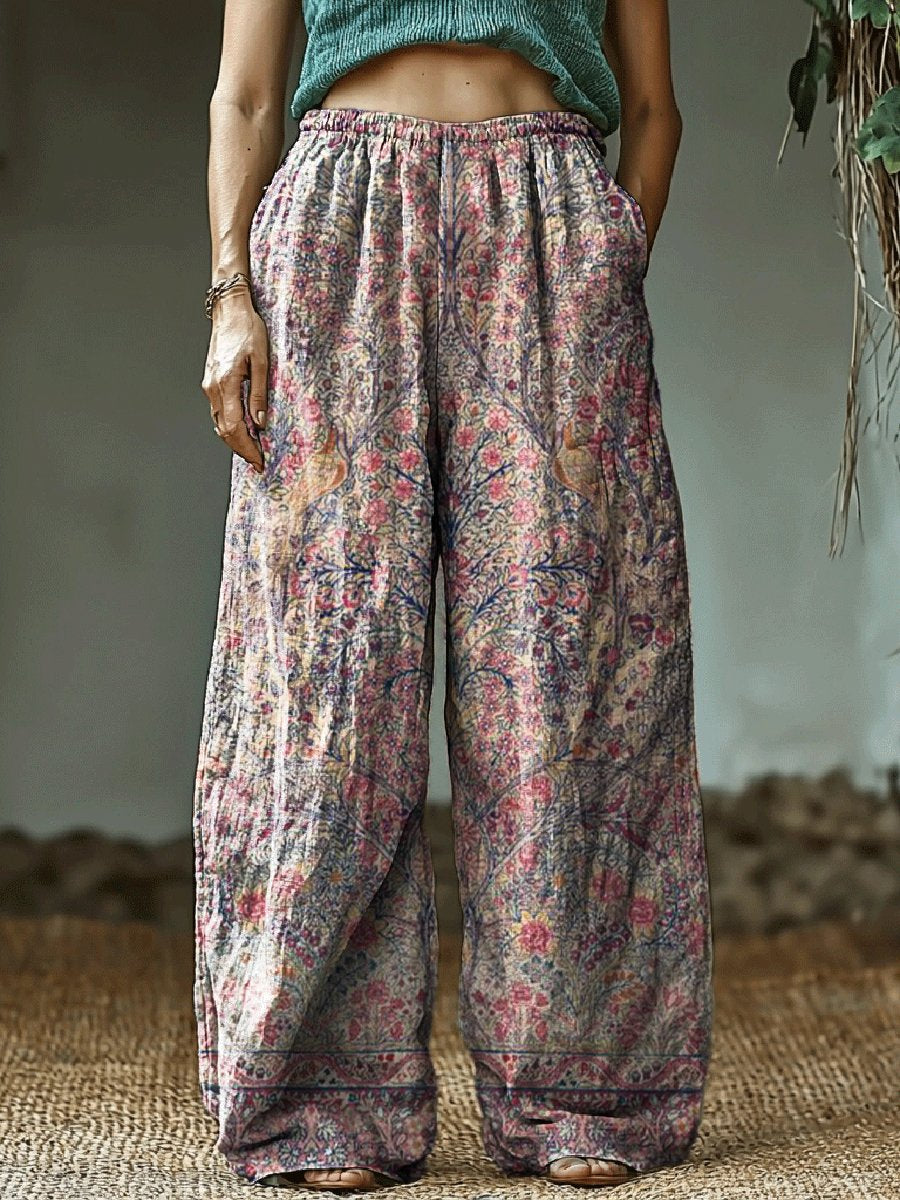 Women's Vintage Art Print Cotton and Linen Casual Pants