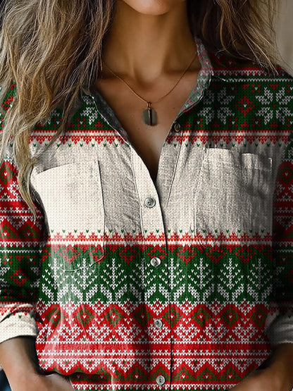 Christmas Knit Stitch Pattern Printed Women's Casual Long Sleeve Comfortable Cotton Shirt