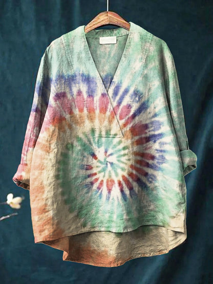 Women's Retro Washed Tie Dye Print Casual Cotton And Linen V-neck Shirt