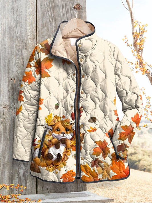 Women's Casual Autumn Vintage Maple Leaves Cute Fox Art Print Quilted Cardigan