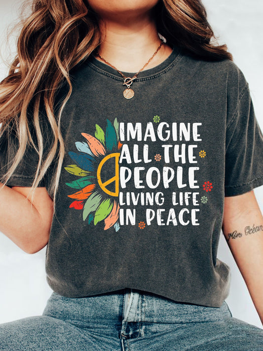 Imagine All The People Living Life In Peace Print Crew Neck T-shirt