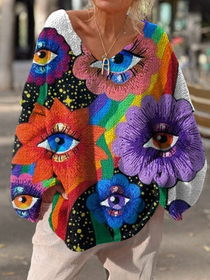 Women's Hippie Art Abstract Eyes Flower Painting Print Casual Pullover Sweater