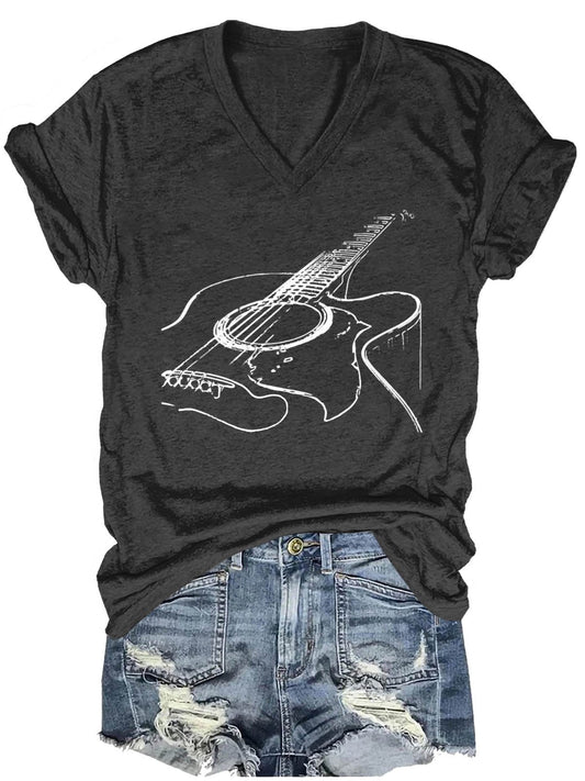 Guitar Rock Roll Music Print Casual  T-shirt