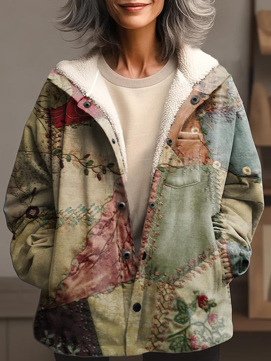 Women's Retro Patchwork Print Waffle Plush Thick Long-Sleeved Hooded Coat